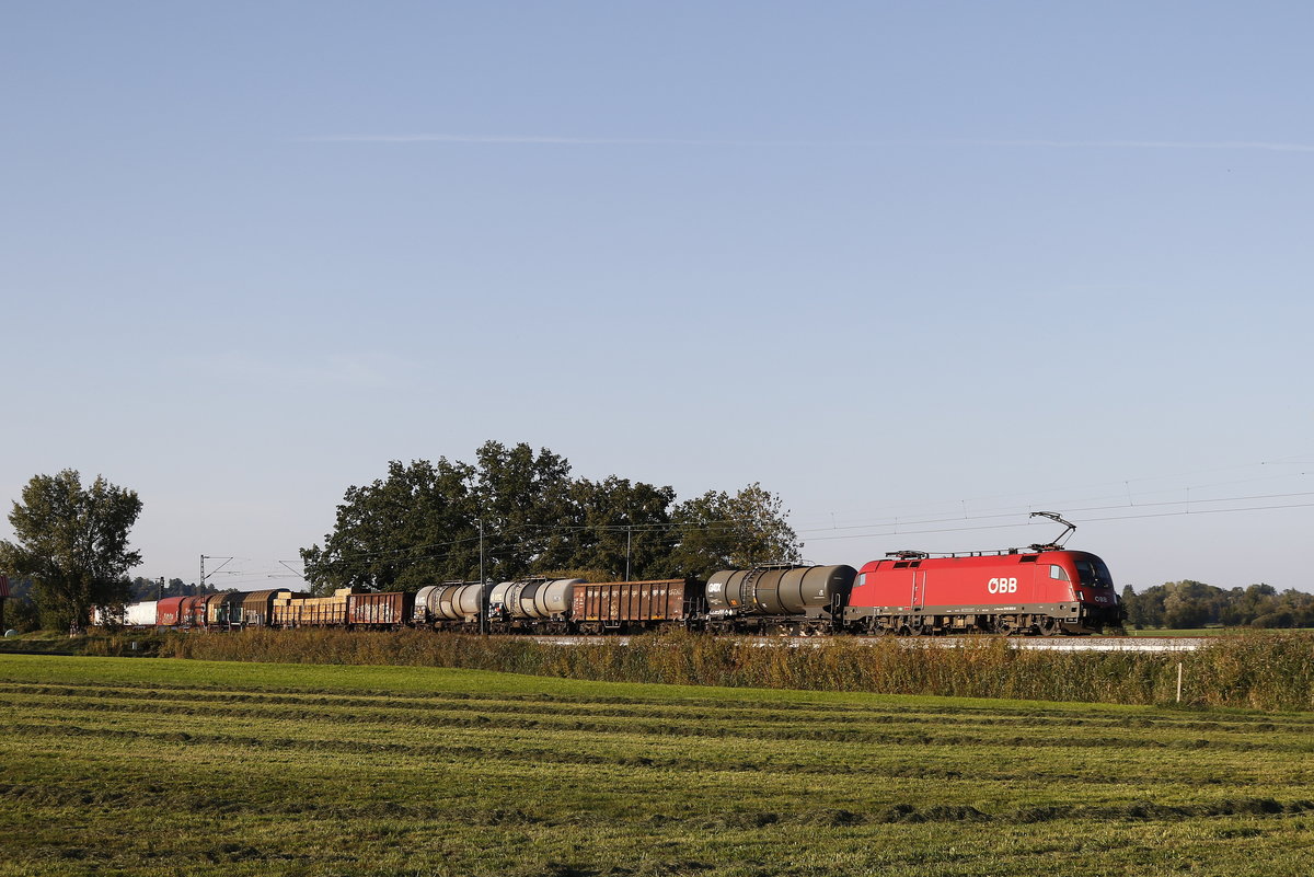 1016 025 war am 20. September 2018 mit einem gemischten G�terzug bei Bernau in Richtung Salzburg unterwegs.