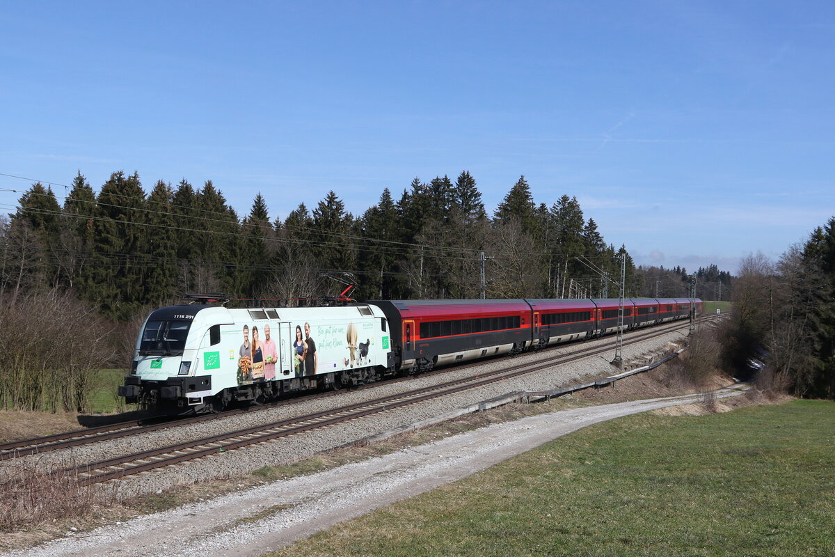 1116 231  BIO AUSTRIA II  aus Salzburg kommend am 16. M�rz 2023 bei Sossau im Chiemgau.