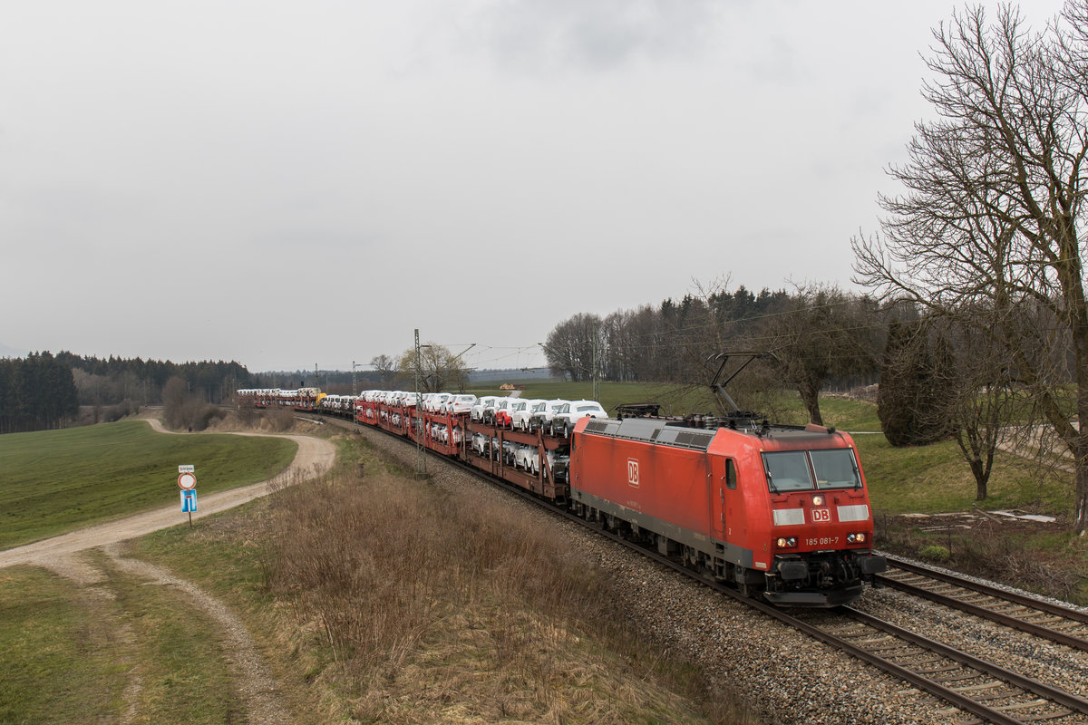 185 081-7 mit einem Autozug aus M�nchen kommend am 25. M�rz 2016 bei H�tt.