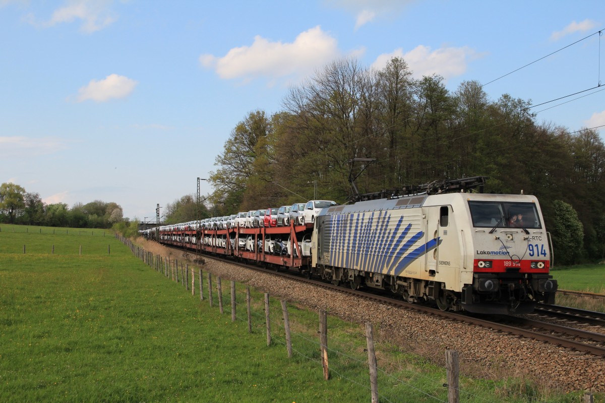 189 914 mit einem Autozug am 14. April 2014 von M�nchen kommend bei Vogl.