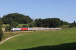 1011 057 und 101 069 waren am 19. August 2025 mit dem  IC K�nigssee  bei Vachendorf im Chiemgau in Richtung M�nchen unterwegs.