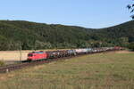 145 024 mit einem gemischten G�terzug am 7. August 2022 bei Harrbach im Maintal.
