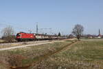 1016 003 war mit einem gemischten G�terzug am 7. M�rz 2026 bei �bersee am Chiemsee in Richtung M�nchen unterwegs.